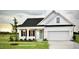 Charming new construction with white siding, black shutters, covered porch, and an attached two car garage at 151 Tigris Ct, Zebulon, NC 27597