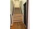 Carpeted staircase with white risers and black metal railing leads to storage at 1535 Caraleigh Mills Ct # 105, Raleigh, NC 27603