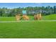 Community playground with climbing, slides, and a lush green lawn and forest of trees in the background at 1573 Goldfinch Perch Ln, Knightdale, NC 27545