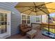 Wooden deck featuring an umbrella, seating and adjacent house at 2220 Rainy Lake St, Wake Forest, NC 27587