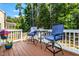 Relaxing back deck with a bistro table set overlooks the lush backyard at 2739 Elderberry Ln, Apex, NC 27539