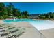 Relaxing community pool featuring ample seating, waterslide and mature trees for shade on a bright sunny day at 2739 Elderberry Ln, Apex, NC 27539