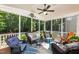 Inviting screened porch with comfortable seating, ceiling fan, and views of the backyard at 2739 Elderberry Ln, Apex, NC 27539