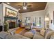 Comfortable living room with fireplace, hardwood floors, and doors to covered porch at 3120 A Timberlyne Dr, Mebane, NC 27302