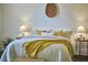Comfortable bed with throw blanket and accent pillows illuminated by lamps on bedside tables at 523 N Main St, Graham, NC 27253