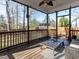Covered back porch with wood floors, ceiling fan and backyard view at 543 Chatham Forest Dr, Pittsboro, NC 27312