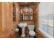Cozy wood paneled bathroom with pedestal sink and natural lighting at 5437 Grasshopper Rd, Raleigh, NC 27610