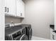 Well-lit laundry room showcasing modern Electrolux washer and dryer with white storage cabinets for optimal organization at 6108 Norwood Place Ct, Raleigh, NC 27613