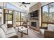 Relaxing screened-in porch with stone fireplace, TV, and views, offering comfort and entertainment at 6108 Norwood Place Ct, Raleigh, NC 27613