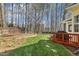 Beautifully landscaped backyard with a wooden deck and lush lawn, perfect for outdoor living at 8215 Cushing St, Raleigh, NC 27613
