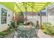 Charming patio area with a table and chairs, lush greenery, and a tranquil water feature at 10 E Madison, Pittsboro, NC 27312