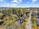 An aerial view of a neighborhood near a skyline with lush green trees and manicured lawns at 1052 Mills Street, Raleigh, NC 27608