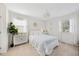 Bright, white bedroom with neutral carpeting, light fixtures, and large windows at 1052 Mills Street, Raleigh, NC 27608