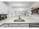 Bright kitchen featuring a stainless steel sink and backsplash with an opening looking into the living room at 1121 Parkridge Ln # 207, Raleigh, NC 27605