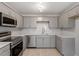 This gorgeous renovated kitchen features gray cabinets, stainless steel appliances, and tile backsplash at 1209 Freeman Dr, Sanford, NC 27330