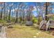 Large backyard with a firepit, deck, and outdoor storage shed offers space to relax and play at 5508 Lake Garden Ct, Raleigh, NC 27610