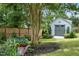 Charming backyard featuring a quaint shed, beautiful landscaping, and a well-maintained wooden fence at 5811 Shawood Dr, Raleigh, NC 27609