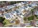 Aerial view highlighting the property among a neighborhood with mature trees, showcasing its location at 10836 Connally Ln, Raleigh, NC 27614