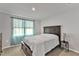 Bedroom featuring a carpeted floor, bed, and turquoise curtains at 1107 Pale Moss Dr, Durham, NC 27704