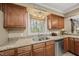 Kitchen featuring stainless steel sink and appliances, wooden cabinetry, and granite countertops with a window view at 11801 Strickland Rd, Raleigh, NC 27613