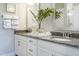Bright bathroom showcasing double sinks with granite countertops and decorative leafy green accents at 2469 Englemann Dr # 366, New Hill, NC 27562