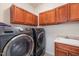 Laundry room with updated washer and dryer, sink, and cabinet storage at 2900 London Bell Dr, Raleigh, NC 27614