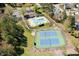 Overhead view of the community pool, tennis courts, and parking area with surrounding green space at 4108 4108 Gallatree Ln, Raleigh, NC 27616