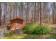A storage shed tucked amidst trees in a well-maintained backyard at 501 Hiddenbrook Dr, Durham, NC 27703