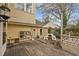 Wooden deck with built-in seating and an outdoor kitchen, with a firepit at 529 Hillcrest Ave, Burlington, NC 27215