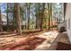 Picturesque backyard showcasing mature trees, mulched garden beds, and a peaceful outdoor space at 5812 Timber Ridge Dr, Raleigh, NC 27609