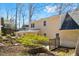 The backyard offers a private area with a wooden patio, landscaped gardens, and lush green surroundings at 901 Emory Ln, Raleigh, NC 27609