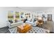 Open-concept living room with modern decor, large windows, and hardwood floors at 1129 Sun Springs Rd, Wake Forest, NC 27587