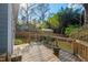 Spacious wooden deck overlooking a lush backyard with mature trees and a wooden fence at 122 W Woodridge Dr, Durham, NC 27707
