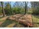Landscaped backyard features mulched and fenced garden beds, perfect for growing vegetables or flowers at 122 W Woodridge Dr, Durham, NC 27707