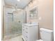 Updated bathroom featuring a sleek glass shower and modern vanity at 1230 Melrose Dr, Burlington, NC 27217