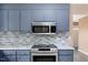 Galley kitchen featuring stainless steel appliances, gray shaker cabinets, modern backsplash, and quartz countertops at 1230 Melrose Dr, Burlington, NC 27217