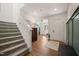 Inviting foyer with hardwood floors, staircase, and stylish decor, leading into the bright living spaces at 1417 Underbrush Dr, Durham, NC 27703