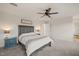 Neutral main bedroom featuring fan, bedside tables and paneled headboard in spacious layout at 1417 Underbrush Dr, Durham, NC 27703
