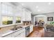 Kitchen sink with white cabinets, tile backsplash and hardwood floors at 2704 St Marys St, Raleigh, NC 27609