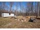 Backyard featuring a storage shed, a fire pit, and chairs for outdoor gatherings at 302 Weaver Ridge Rd, Rougemont, NC 27572