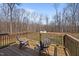 Outdoor deck with two chairs overlooking a backyard and shed surrounded by trees at 302 Weaver Ridge Rd, Rougemont, NC 27572