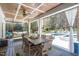 Covered outdoor living space featuring dining and lounge areas, with views of the pool and backyard at 3504 Griffice Mill Rd, Raleigh, NC 27610