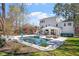 Backyard featuring a spacious pool, covered patio, and lush landscaping, creating a private outdoor oasis at 3504 Griffice Mill Rd, Raleigh, NC 27610