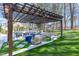 The backyard features a covered seating area, an outdoor kitchen, and a lush lawn at 509 Queensferry Rd, Cary, NC 27511