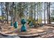 Playground area featuring dragon statues and a colorful playset nestled among tall trees at 509 Queensferry Rd, Cary, NC 27511