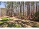 A verdant backyard with a canopy of trees overhead provides privacy and natural beauty at 7917 Blaney Franks Rd, Apex, NC 27539