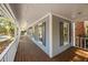 Inviting porch view showcasing the home's gray exterior and beautiful wooden flooring at 7917 Blaney Franks Rd, Apex, NC 27539