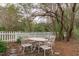 Relaxing backyard seating area surrounded by trees and white picket fence at 8504 Old Nc 86, Chapel Hill, NC 27516