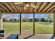 Covered porch with a view of the large, landscaped backyard and mature trees at 99 Stoney Hill Ln, Sanford, NC 27332
