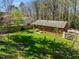 Aerial view of a spacious backyard with lush greenery, fenced boundaries, and a charming brick home at 1507 Ridgeway Ave, Durham, NC 27701
